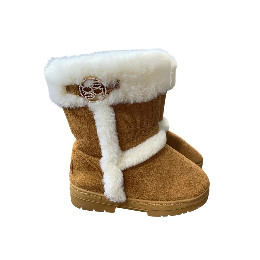 Bebe Girls Faux Fur Winter Boots Tan Brown‎ w/ Rhinestone Buckle Accent Size 11